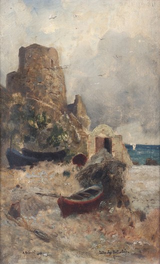 Oliver Briante, Coastal Scene with Boats, oil on board, signed, dated 1886 and indistinctly titled recto, inscribed verso, 29cm x 19cm, within a painted wood frame.