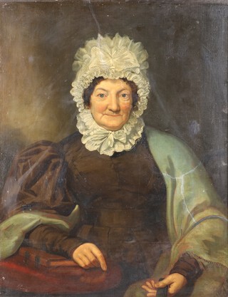 Circle of Joseph Allen (1769-1839), Portrait of an Elderly Lady wearing a Bonnet and holding a Fan in her Left Hand, her Right arm rested on a Book, early 19th century oil on canvas laid onto board, 90cm x 69cm, within a stained wood frame.
