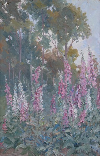 Bertha Elizabeth Merfield (Australian, 1869-1921) Landscape with Foxgloves, oil on board, signed, 42cm x 27cm, within a gilt frame.