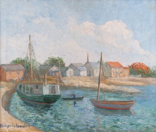 Hildegard Hamilton (United States of America, 1898-1970), Estuary Scene with Sailing Boats and Buildings, 20th century oil on canvas, signed, 50cm x 60cm, within a stained wood frame.