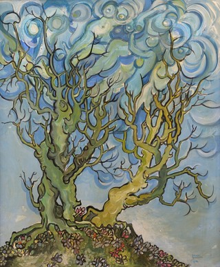 Daniel Gleeson (British, b.1938), "Erotic Trees", acrylic on board, signed and dated 1974, 55cm x 46cm, within an ebonized wood frame.
