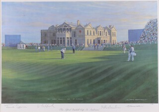 **Craig Campbell, The Alfred Dunhill Cup, St Andrews, 20th century limited edition colour print, signed and editioned 119/500 in pencil, also signed by the English team Jamie Spence, David Howell and Steven Richardson, 37cm x 51cm, within a gilt frame. **Please note Artists Resale Rights may be payable on this lot