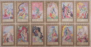 Indian Mughal School, Vignettes depicting a Story, early 20th century print on fabric, 65cm x 128cm, within a painted wood frame.