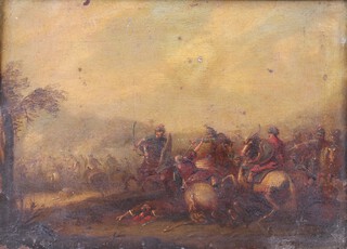 Follower of Jan van Huchtenburg, A Battle Scene with Calvary, 19th century oil on metal, 13cm x 18cm, within a carved gilt Florentine frame.