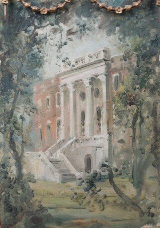 British School, Study of a Country House, 20th century oil on board, 21cm x 15cm, within a gilt composition frame.