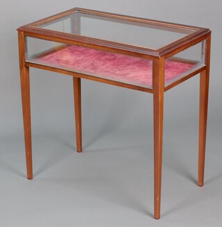 An Edwardian style rectangular mahogany bijouterie cabinet with hinged lid, raised on square tapered supports 74cm h x 74cm w x 41cm d 