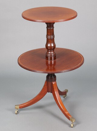 An Edwardian circular inlaid mahogany 2 tier dumb waiter, on a turned column with tripod base, brass caps and casters 90cm h x 46cm diam. 