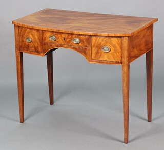 A 19th Century mahogany bow front and crossbanded side table fitted 3 drawers, raised on square tapered supports 77cm h x 91cm w x 53cm d 