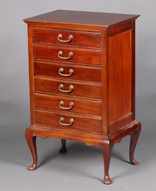 An Edwardian mahogany sheet music chest with brass drop handles fitted 6 drawers, raised on cabriole supports 86cm h x 53cm w x 39cm d 