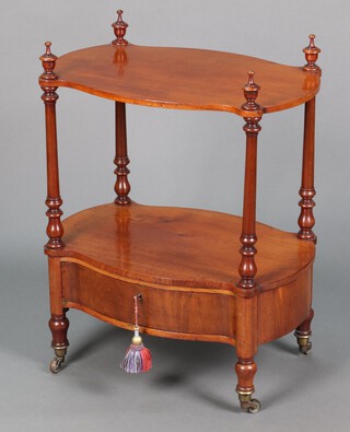 A Victorian mahogany 2 tier what-not of serpentine outline, the base fitted a drawer, 81cm h x 63cm w x 42cm d 