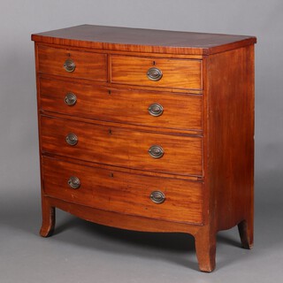 A 19th Century mahogany bow front chest of 2 short and 3 long drawers with replacement swan neck drop handles, raised on splayed bracket feet 106cm h x 106cm w x 48cm d 