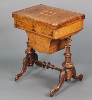 A Victorian rectangular inlaid figured walnut games/work table, the flip top inlaid a chess board, cribbage board and backgammon board, the base fitted a drawer above basket, raised on turned bulbous supports with H framed stretcher 74cm h x 58cm w x 43cm d  