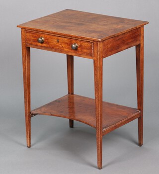 A 19th Century rectangular mahogany side table fitted a drawer with brass handles, raised on square tapered supports with shaped undertier 71cm h x 56cm w x 44cm d 