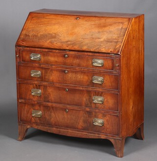 A Georgian bleached mahogany bureau, the fall front revealing a fitted interior with pigeon holes and drawers above 4 long graduated drawers with replacement brass plate drop handles, raised on splayed bracket feet 108cm h x 96cm w x 49cm d 