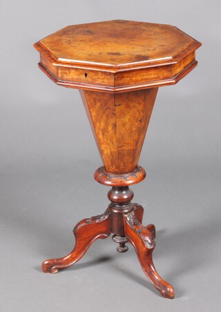 A Victorian octagonal walnut work table of waisted conical form with fitted interior, raised on cabriole supports 72cm h x 46cm w x 44cm d 