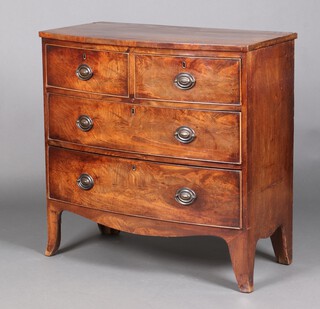 A 19th Century mahogany bow front chest of 2 short and 2 long drawers, raised on splayed bracket feet 89cm h x 89cm w x 47cm d 