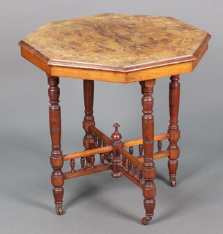A Victorian quarter veneered and inlaid walnut occasional table, raised on turned supports with X framed stretcher with bobbin turned decoration 72cm h x 74cm w x 74cm d 
