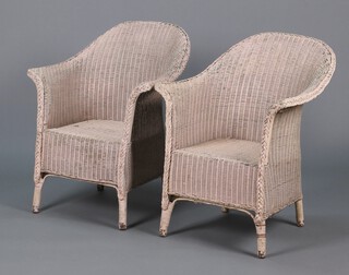 A pair of pink painted Lloyd Loom tub back chairs 83cm h x 65cm w x 65cm d