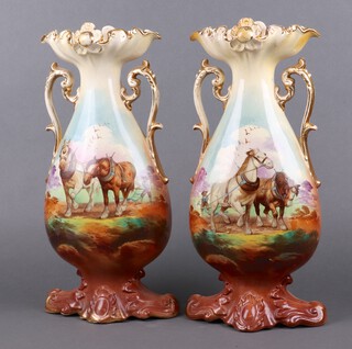 A pair of Edwardian pottery twin handled vases decorated with ploughing scenes 45cm h