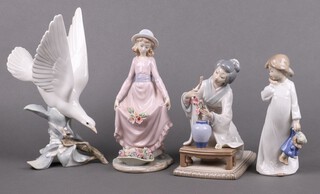 Three Lladro figures,  J-19 Dynasty Japanese flower Arranger, E9N Girl with basket of flowers (some flowers damaged), a figure of a Dove and a Nao figure of a standing girl  