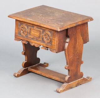 A 17th Century style rectangular carved oak box raised on standard end supports with H framed stretcher 48h x 52w x 35d