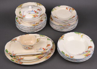 A 1930's Mid Winter Art Deco 43 piece dinner service decorated crinoline lady, comprising 3 oval meat plates (cracked), 11 dinner plates (4 cracked), 2 tureens (1 with missing lid, both chipped to interior), 6 soup plates (3 cracked), 11 side plates (4 cracked), 9 tea plates (4 cracked), rectangular bread plate (cracked) and sauce boat (cracked)  