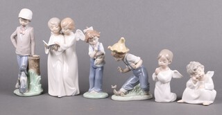 A Lladro figure of a seated Thoughtful Angel 13E 10cm, 1 other Angel in Prayer 14 13cm and 4 Nao figures of children 