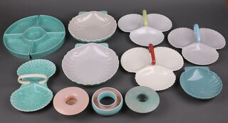 A circular Poole Pottery five section hors d'oeuvres dish, three Poole pottery scalloped shaped dishes, four Poole pottery hors d'oeuvres dishes etc
