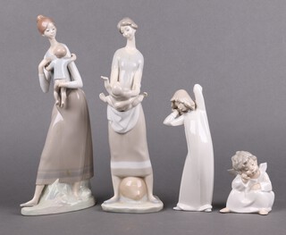 A Lladro figure of a standing mother and child the base marked 8 31cm, ditto mother and child 33cm (hand a/f), figure of an angel contemplating 10cm and 1 other Spanish figure of standing girl 21cm 