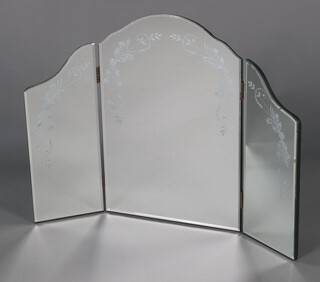 A Venetian style arched etched glass three fold dressing table mirror 61h x 81w
