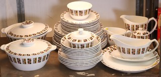 A 47 piece Alfred Meakin Geo-White Randon pattern dinner service comprising pair of twin handled tureens and covers, 5 dinner plates, 9 side plates (1 chipped), 12 tea plates   (some pieces with crazing and contact marks), 5 dessert bowls, 6 cereal bowls, oval meat plate, sauce boat and stand, large jug, small jug, preserve jar and cover, jar and cover, sugar bowl 