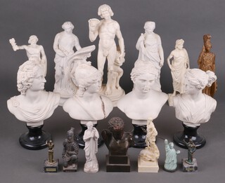 A pair of 19th Century bisque figures 27cm (chipped) together with other classical style figures