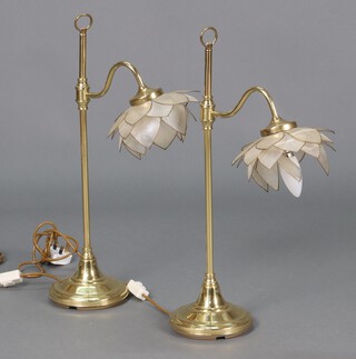 A pair of Edwardian style gilt metal and plastic table lamps, the shades in the form of flower heads 56h 