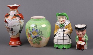 A Kutani twin handled vase 25cm h,  a Kingstonware pottery vase 17cm, a Devon pottery character jug of a standing lady and a toby jug