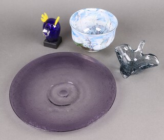 A cut glass figure of a moose 11cm, a circular purple Art glass dish 30cm, an Art glass bowl 16cm and an Art glass leaf shaped dish 16cm 