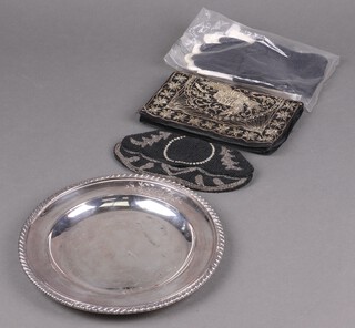 A circular engraved silver plated plate, marked Louis Leopold Charles Albert Jenner, a gift from his uncle Charles and aunt Louisa, 2nd November 1867 together with two evening purses and a pair of lady's evening gloves