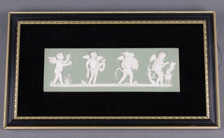 A Wedgwood green Jasperware plaque "The Seasons", the reverse impressed 73, 7cm x 22cm contained in a Hogarth frame