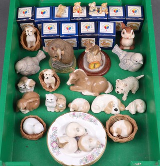 Eleven Colourbox miniature teddybears, 3 Wedgwood Kutani Crane pattern ashtrays and a collection of miniature figures of dogs and animals 