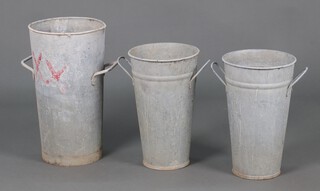 A florists cylindrical galvanised twin handled flower bucket 45cm h together with a similar pair 37cm h