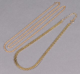 A yellow gold plated flat link necklace, 15cm, together with a gold plated  multi link chain, 31cm, 