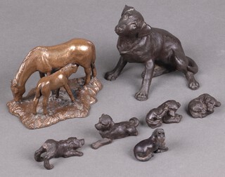 A bronze figure of a seated Labrador, a bronze figure of a standing horse and foal etc