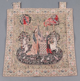A machine made tapestry panel depicting two figures in a garden 57cm x 54cm