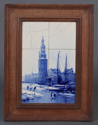A Delft panel formed of 6 tiles depicting a frozen river contained in an oak frame 66cm h x 50cm w 