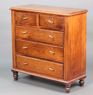 A 19th Century oak chest of two short and two long drawers raised on bun feet with replacement handles 102cm h  x 96cm w x 42cm d