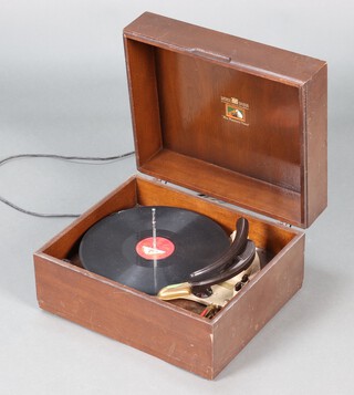 His Masters Voice, a record player contained in a walnut case 22cm h x 41cm w x 35cm d