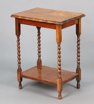 A 1930's rectangular oak two tier occasional table with pie crust edge raised on spiral turned supports 72cm h x 59cm w x 32cm d