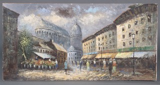 Caroline Burnett, oil on hardboard, market scene with figures, 61cm h x 122cm w, 