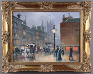 Roland Davies, oil on canvas, a Victorian Westminster street scene, 29cm x 39cm , contained in a decorative gilt frame