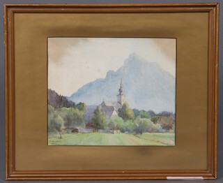 M Bower, watercolour, Eastern European landscape with church, signed and dated 1924, 24cm x 27cm 