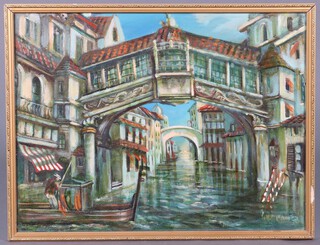L H Kempton, oil on board, study of Venetian canal 55cm x 73cm 